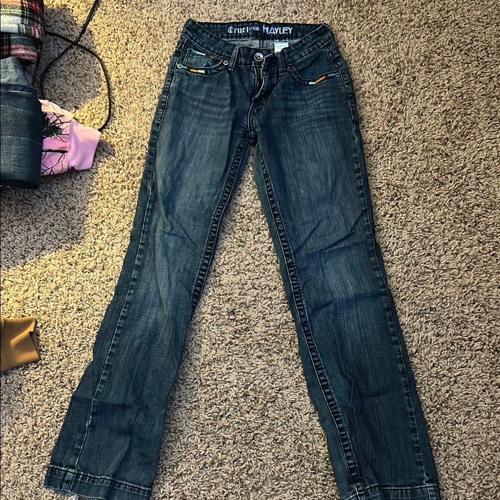 Blue Boot Cut Jeans with Distressed Look